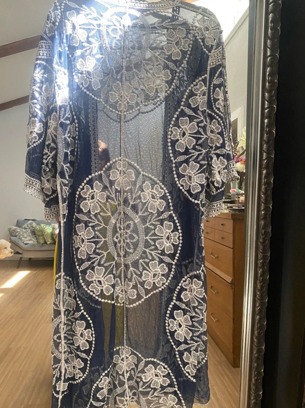Navy Lace Kimono Cover-Up with White Floral Embroidery